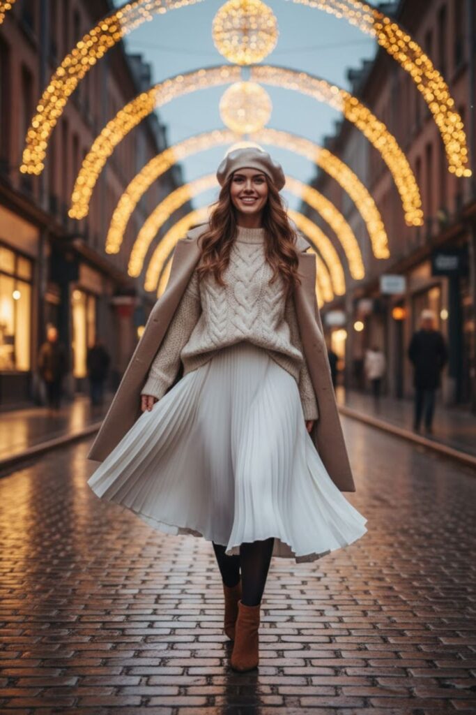2. Pleated White Midi Skirt with Chunky Sweater