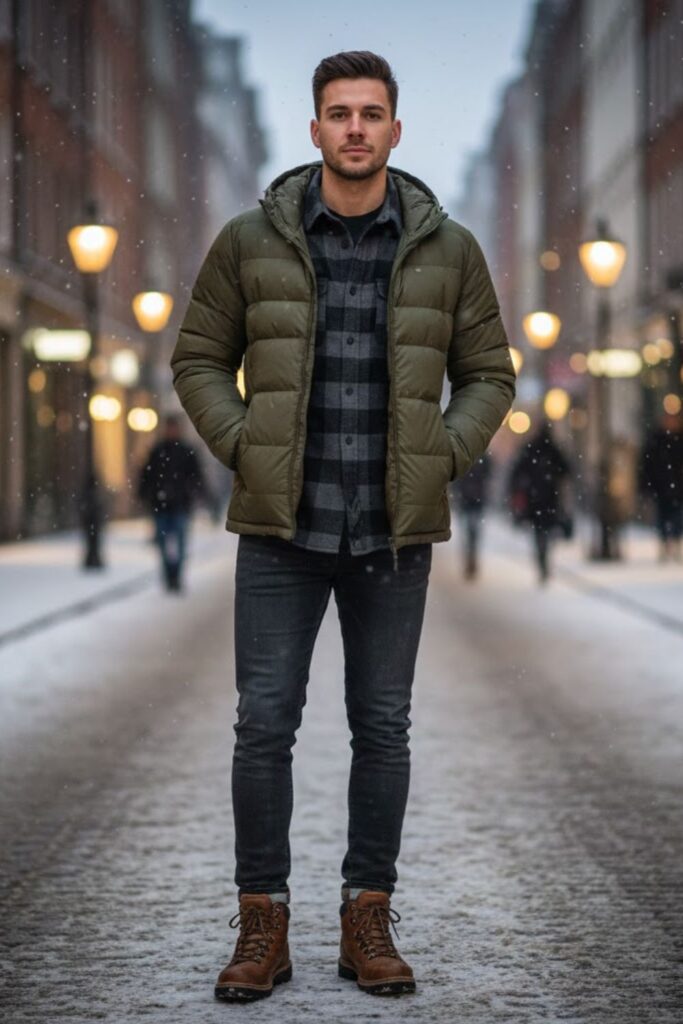2. Puffer Jacket with Jeans and Boots