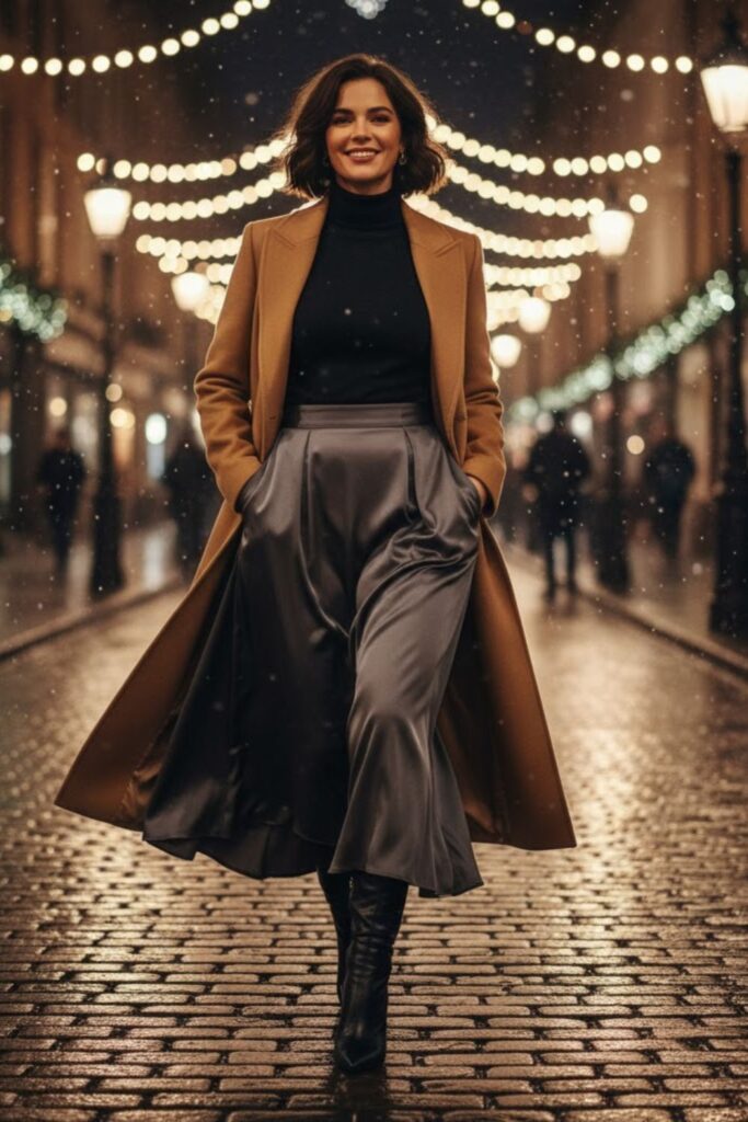 2. Satin Maxi Skirt with Turtleneck and Tailored Coat