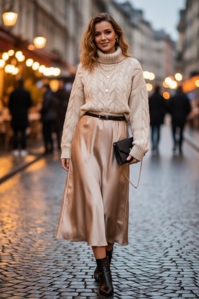 2. Satin Midi Skirt with Chunky Knit Sweater
