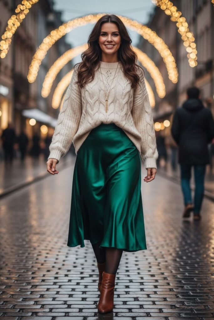 2. Satin Midi Skirt with Oversized Sweater