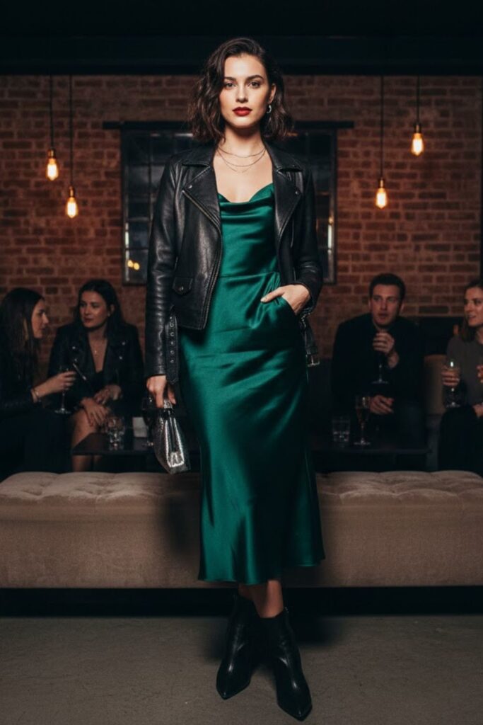 2. Satin Slip Dress with Leather Jacket