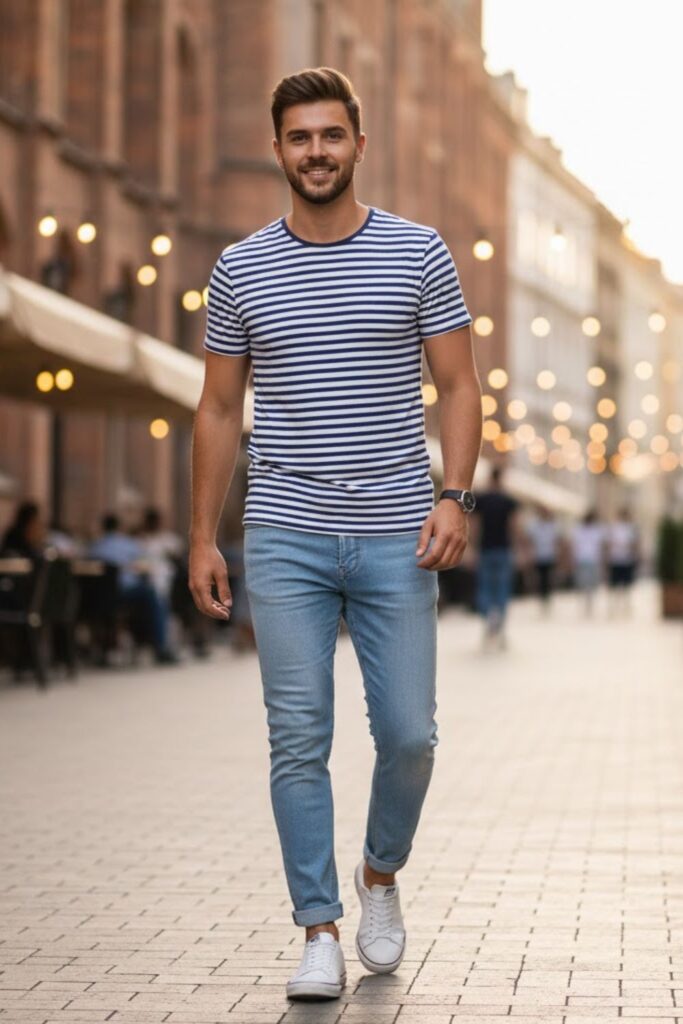 2. Striped T-Shirt with Light Wash Jeans