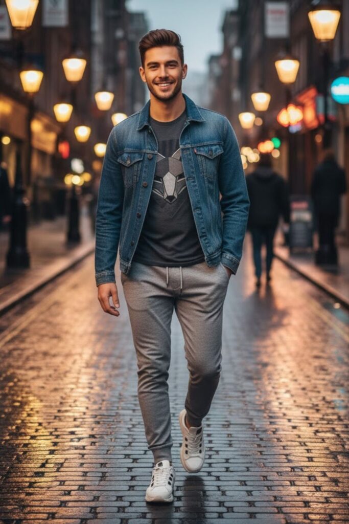2. Sweatpants with a Denim Jacket