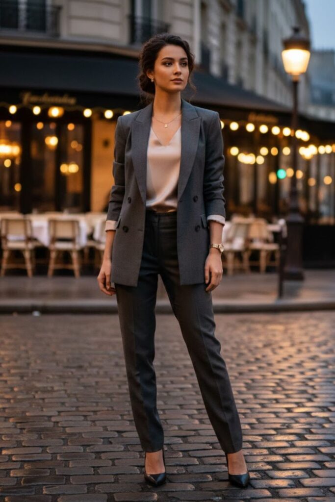 2. Tailored Suit with Silk Blouse