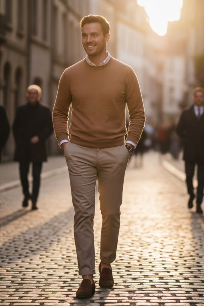 2. The Cashmere Sweater Over an Oxford Shirt