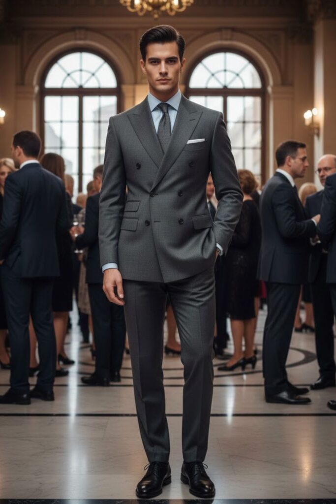 2. The Double-Breasted Charcoal Suit