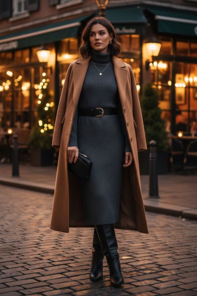 2. Turtleneck Midi Dress with Knee-High Boots