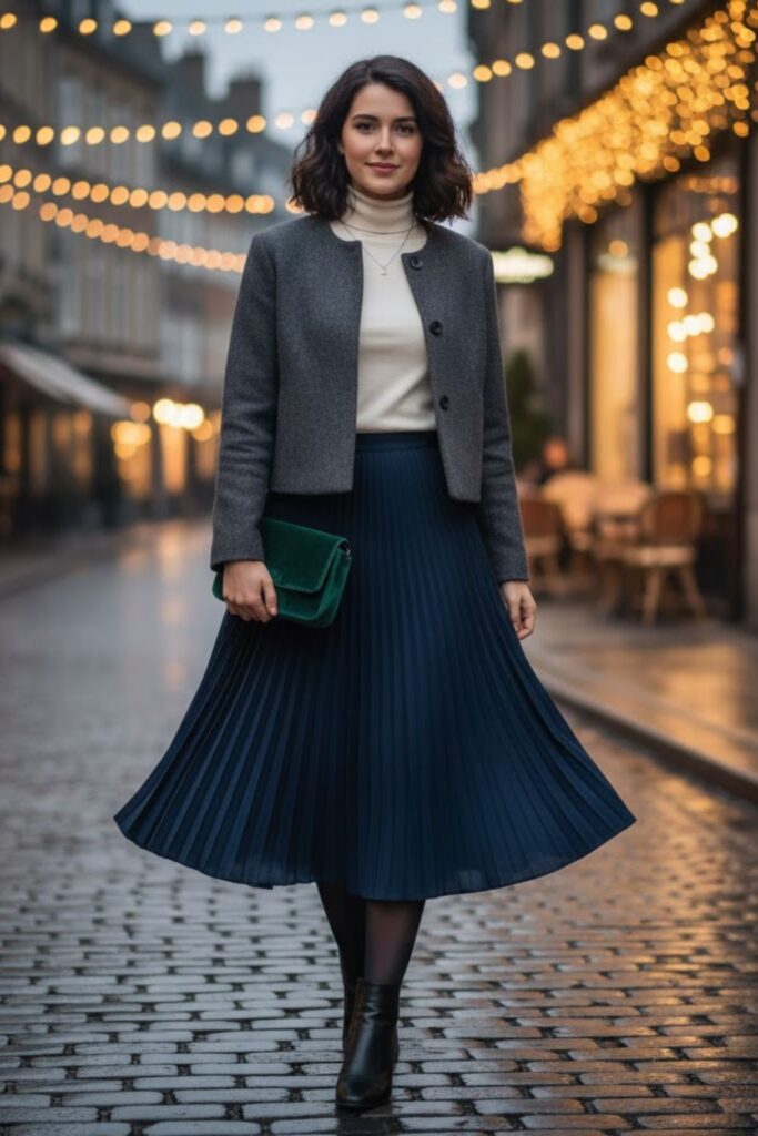 2. Turtleneck and Pleated Midi Skirt