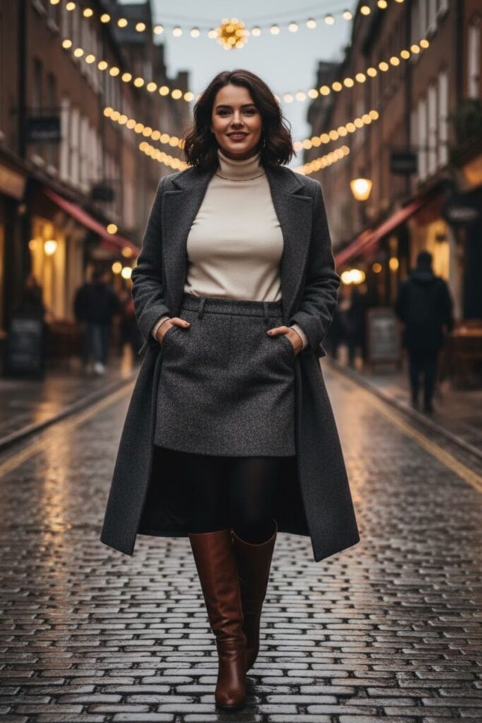 2. Turtleneck and Wool Mini Skirt Combo