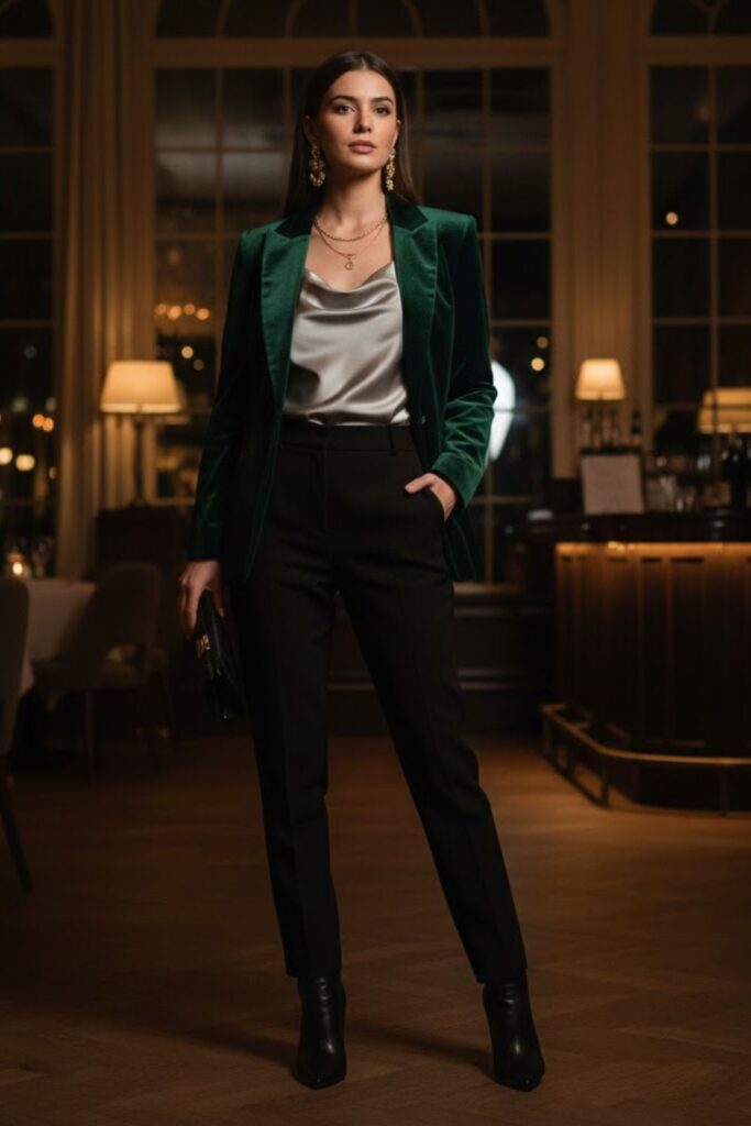 2. Velvet Blazer with Satin Cami and Trousers