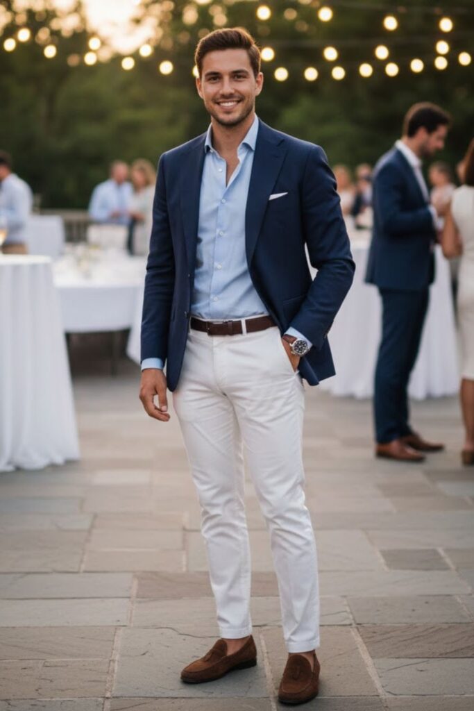 2. White Pants with Navy Blazer