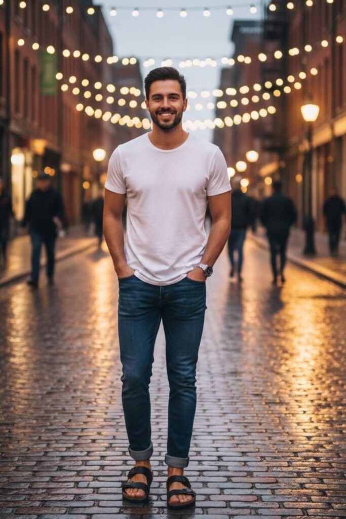 2. White T-Shirt, Slim Jeans, and Black Birkenstocks
