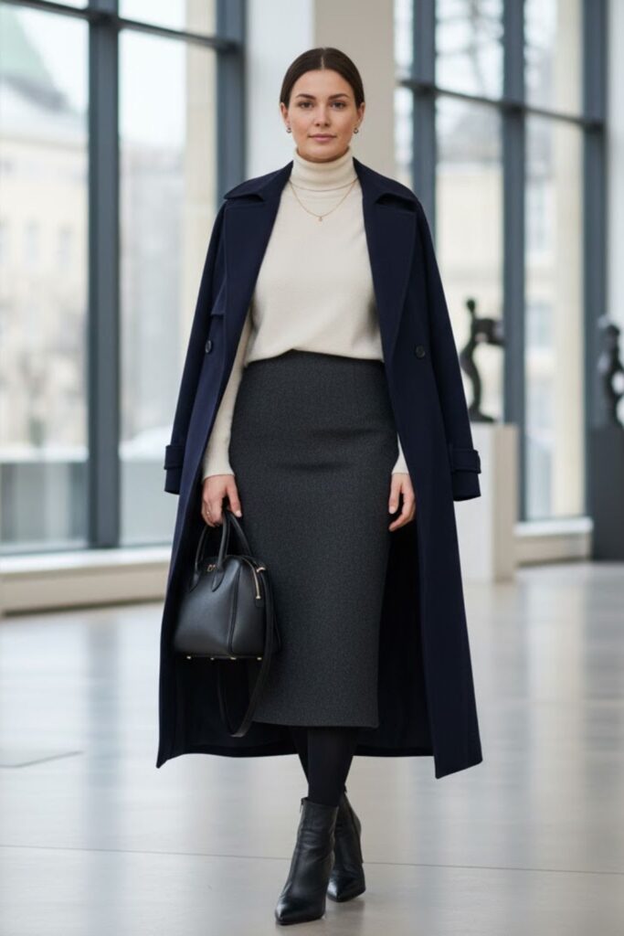 2. Wool Skirt with a Turtleneck and Long Coat