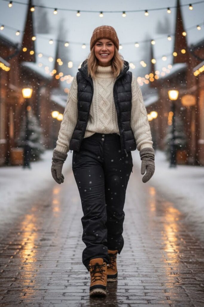 2. Wool Sweater over Base Layer and Waterproof Pants