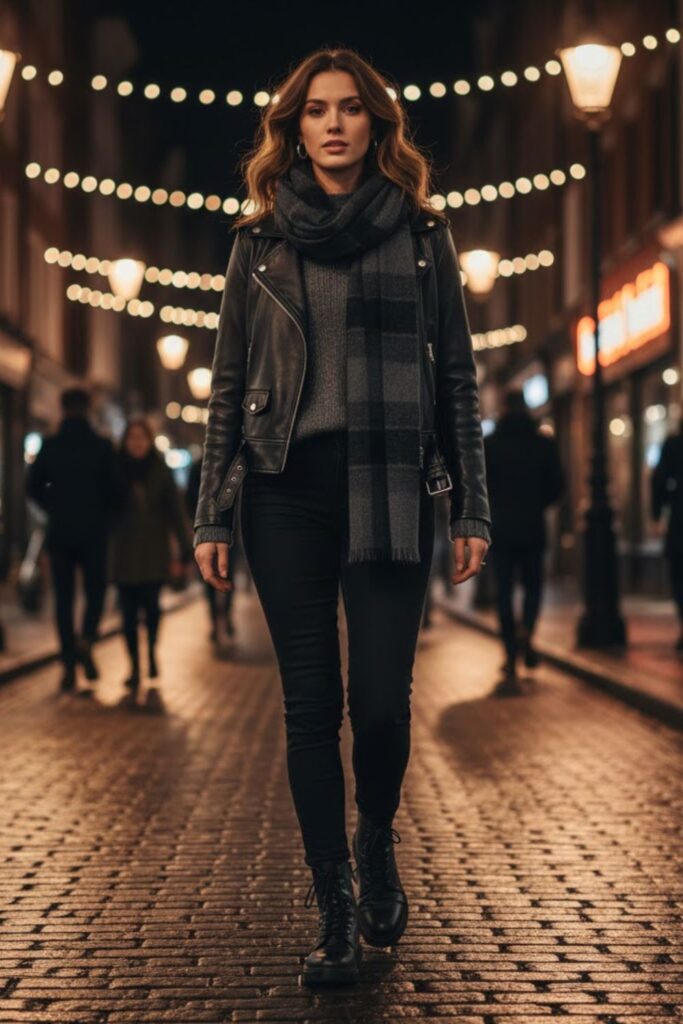 3. Black Jeans with Leather Jacket and Wool Scarf