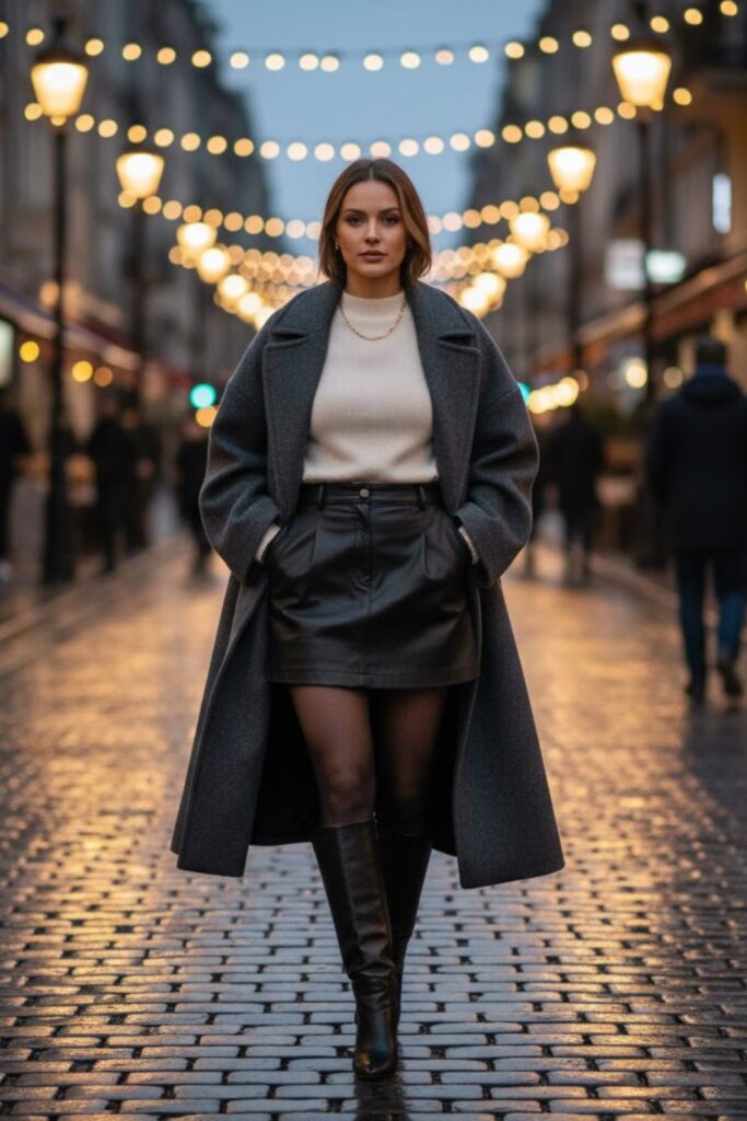 3. Black Leather Skirt with Oversized Coat