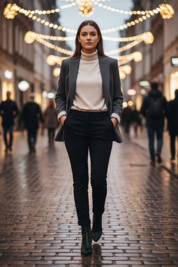 3. Blazer Over Turtleneck and Slim Pants