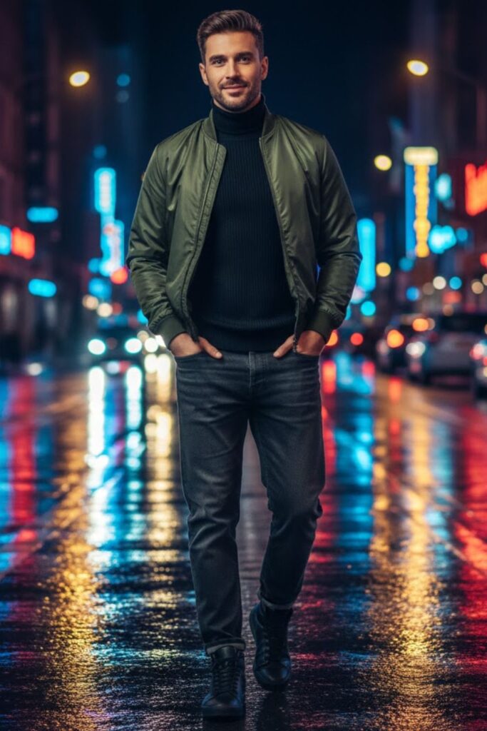 3. Bomber Jacket with Turtleneck and Relaxed Jeans