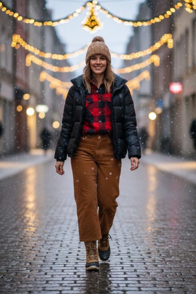 3. Brown Corduroy Pants with a Flannel Shirt and Puffer Jacket