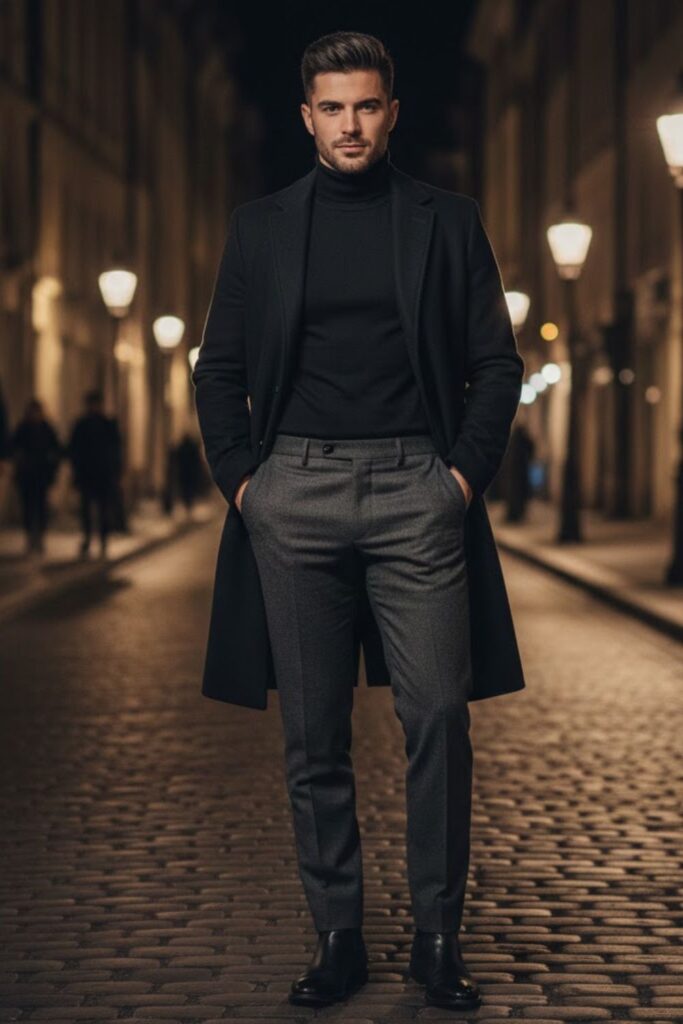 3. Charcoal Grey Trousers with Black Turtleneck
