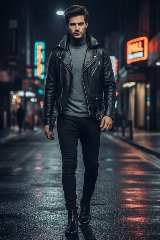 3. Chelsea Boots with Black Skinny Jeans and a Leather Jacket
