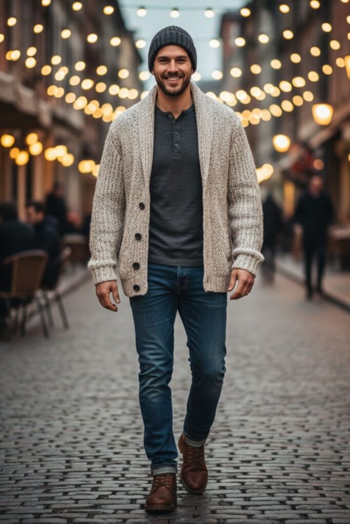 3. Chunky Knit Cardigan with Henley and Denim