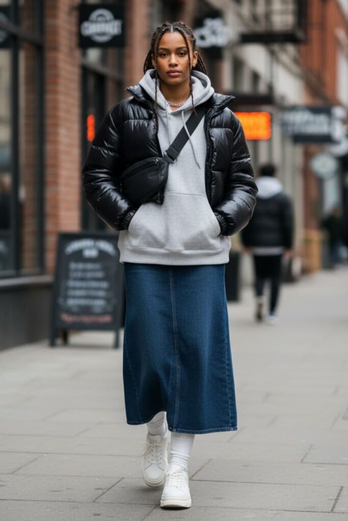 3. Denim Maxi Skirt with Oversized Hoodie