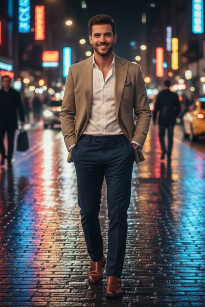 3. Double-Breasted Blazer with Chinos