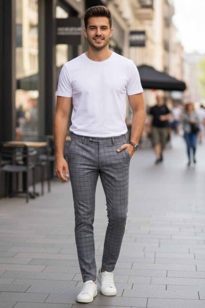 3. Grey Checked Trousers with Plain T-Shirt