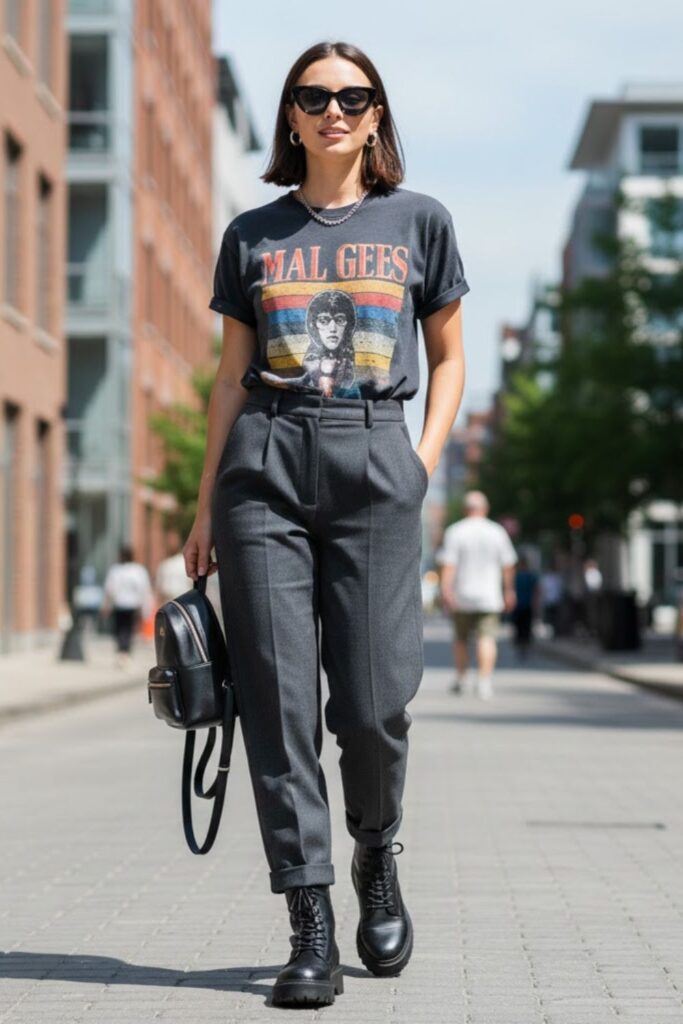 3. Grey High-Waisted Pants with Graphic Tee