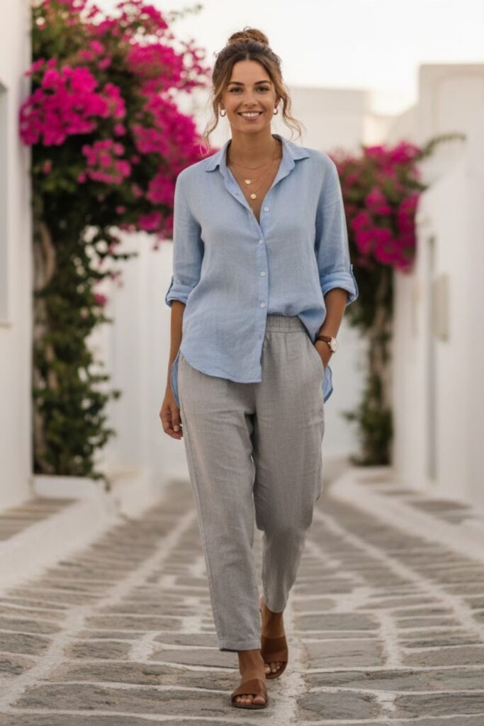 3. Grey Linen Trousers with Button-Up Shirt