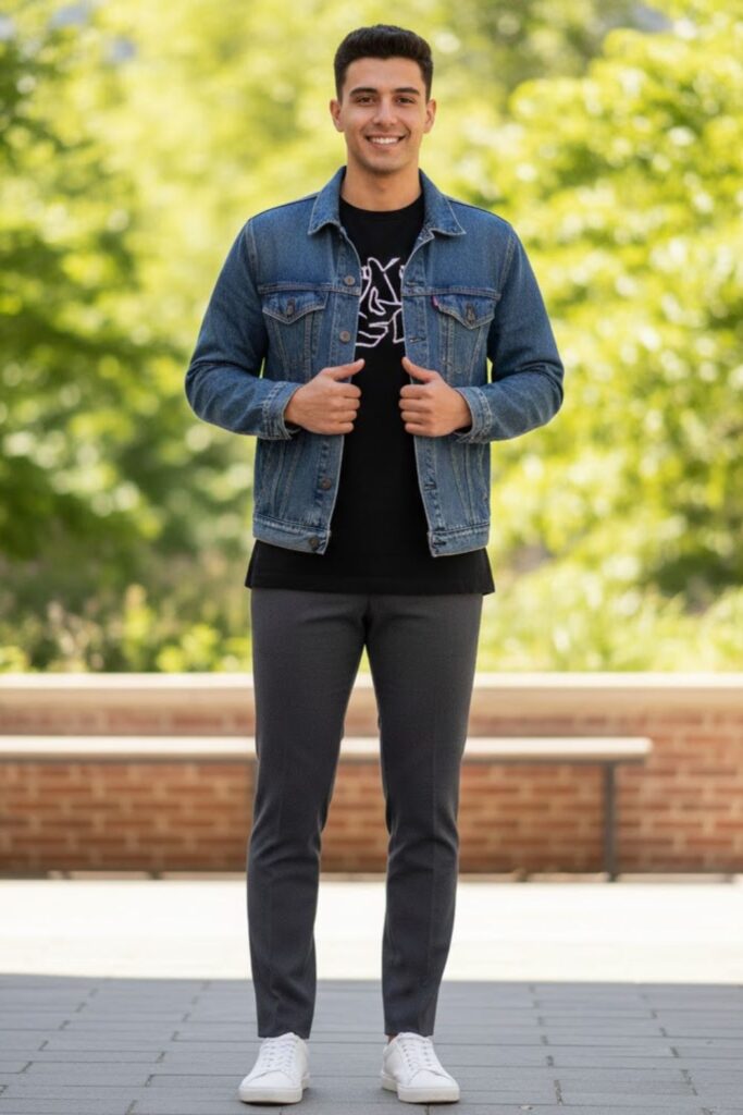 3. Grey Trousers with Denim Jacket and T-Shirt