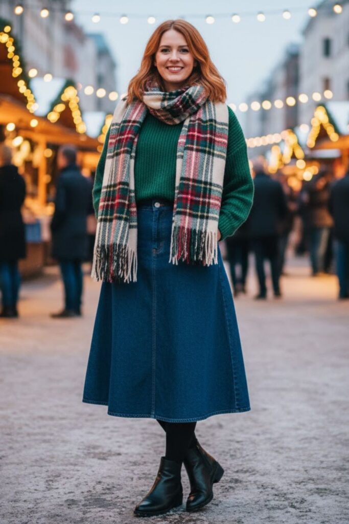 3. High-Waisted Denim Skirt with Oversized Scarf