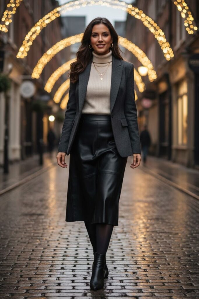 3. Leather Midi Skirt with Fitted Blazer