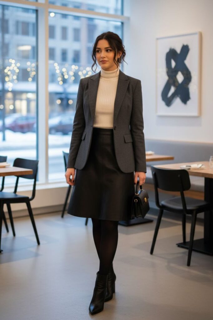 3. Leather Skirt with Heeled Boots and Blazer