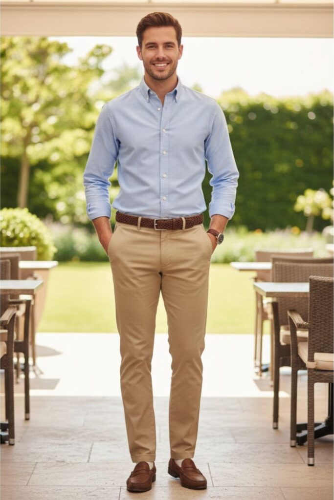 3. Light Blue Oxford Shirt with Khaki Trousers