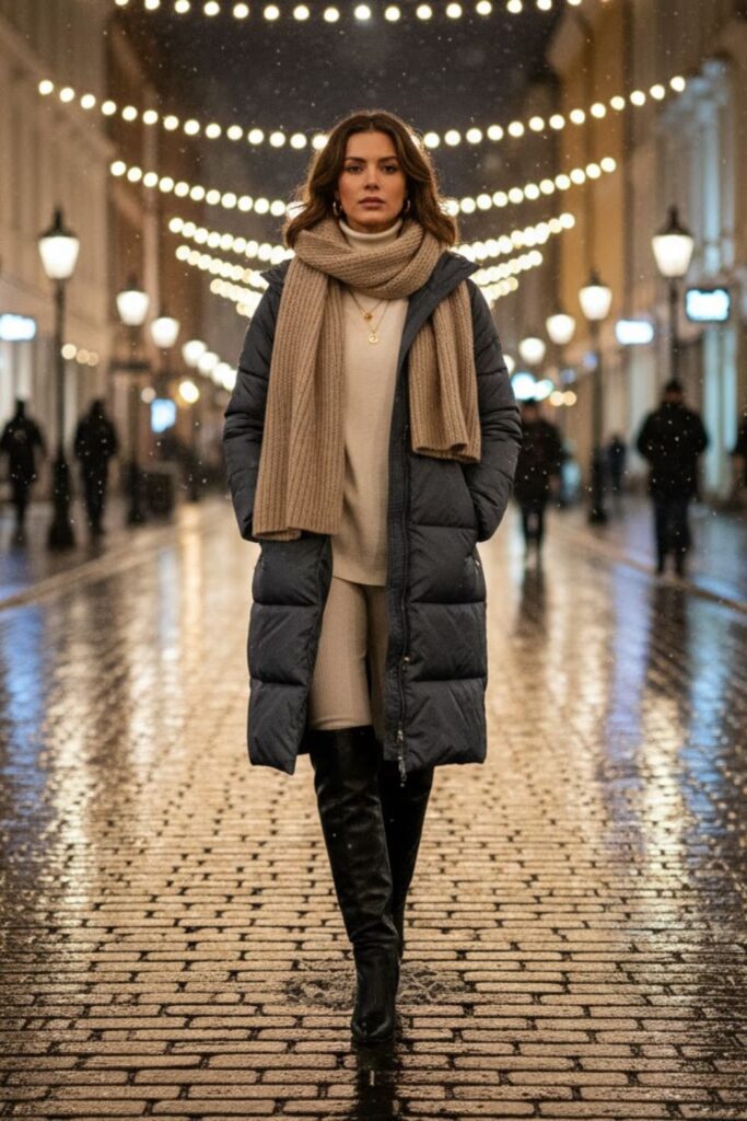 3. Longline Puffer Coat with Turtleneck and Leggings
