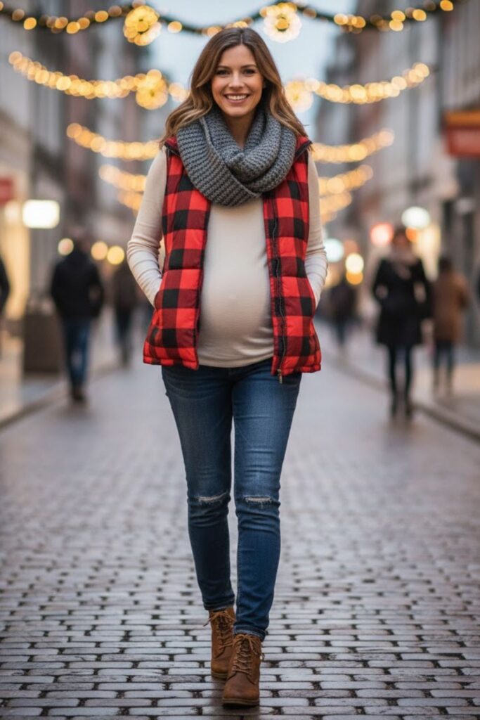 3. Maternity Jeans with Long-Sleeve Tee and Puffer Vest