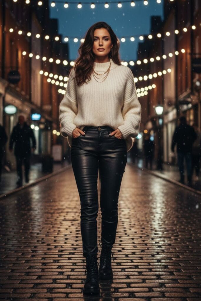 3. Oversized High Neck Sweater with Leather Pants