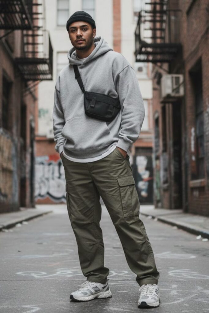 3. Oversized Hoodie with Cargo Pants and Trainers