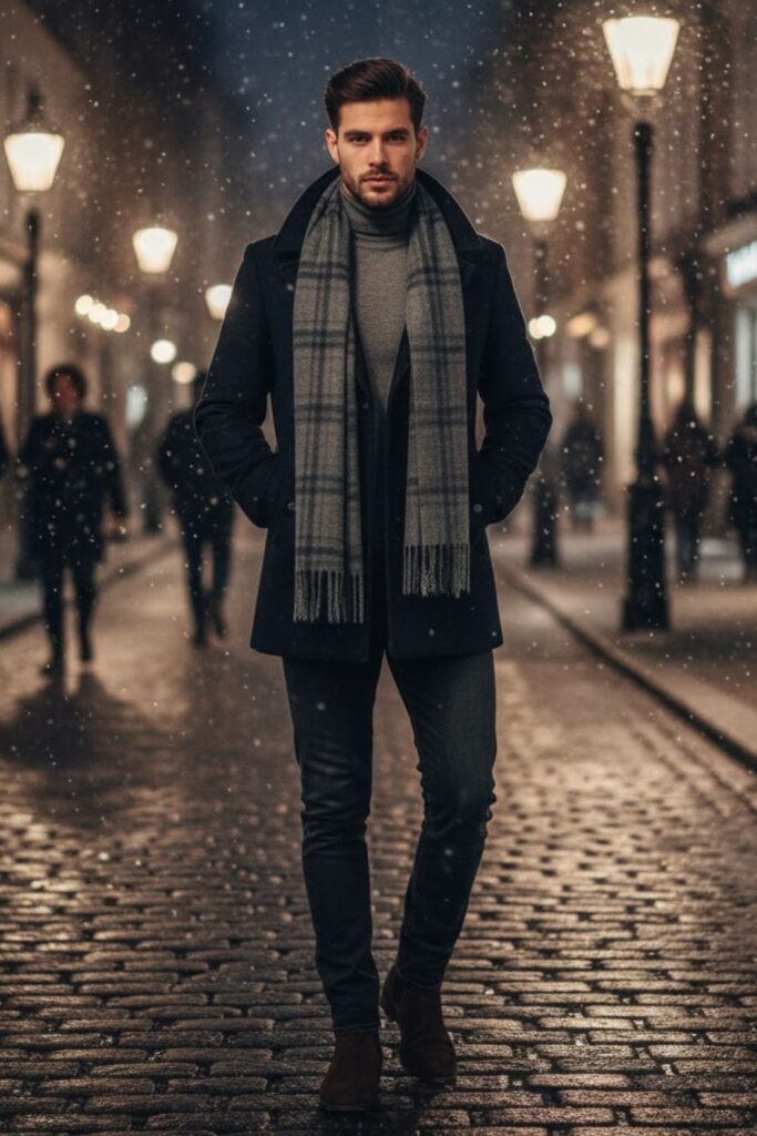 3. Peacoat with Sweater and Scarf