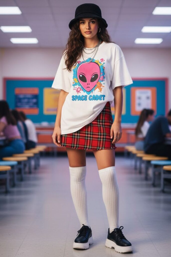 3. Plaid Skirt with Graphic Tee