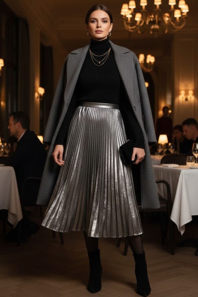 3. Turtleneck with Pleated Midi Skirt