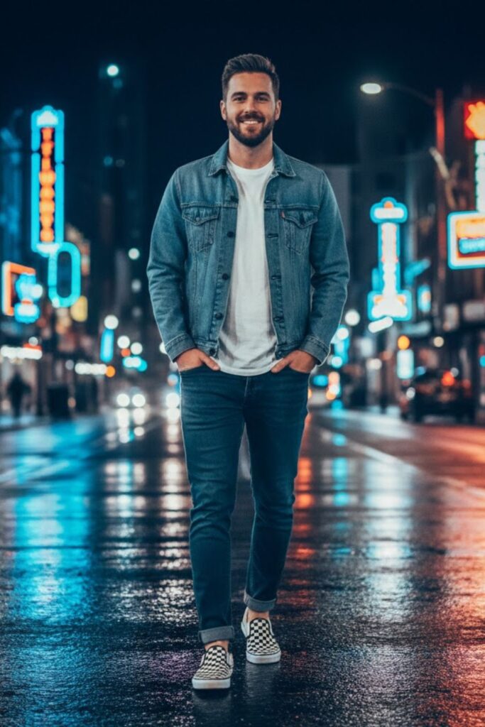 3. Vans with a Denim Jacket and T-Shirt