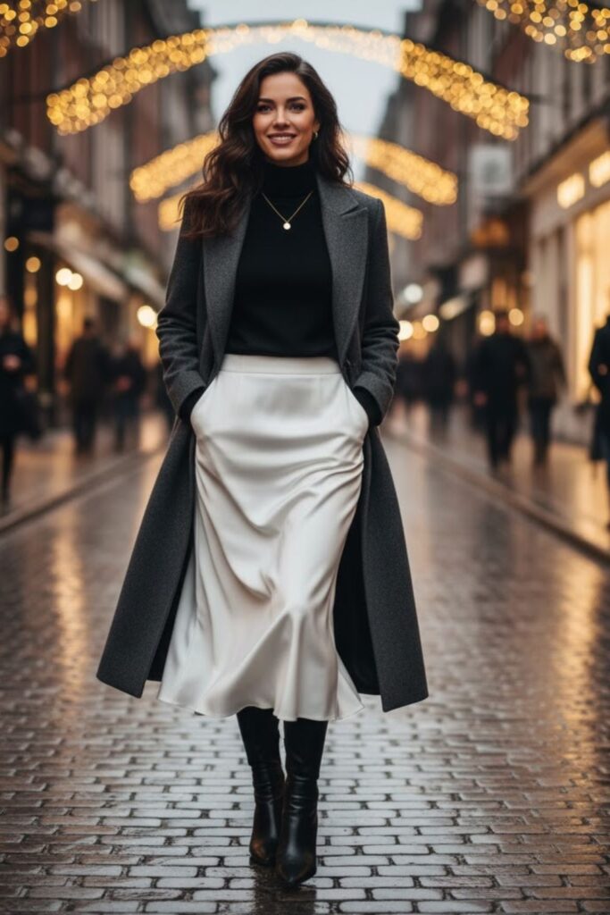3. White Satin Skirt with Black Turtleneck and Long Coat