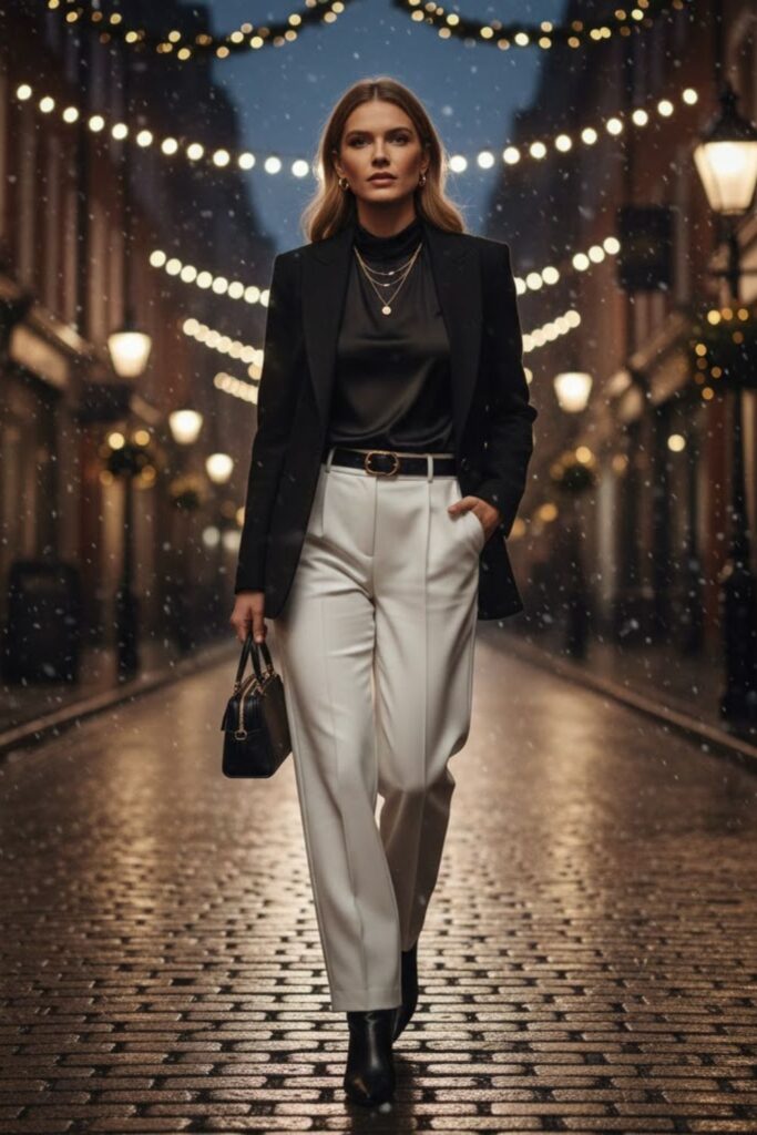 3. White Wide-Leg Pants with Black Blazer and Ankle Boots