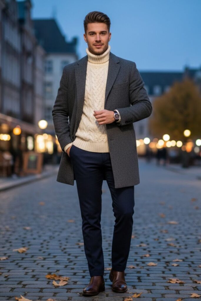 3. Wool Overcoat with Knit Sweater