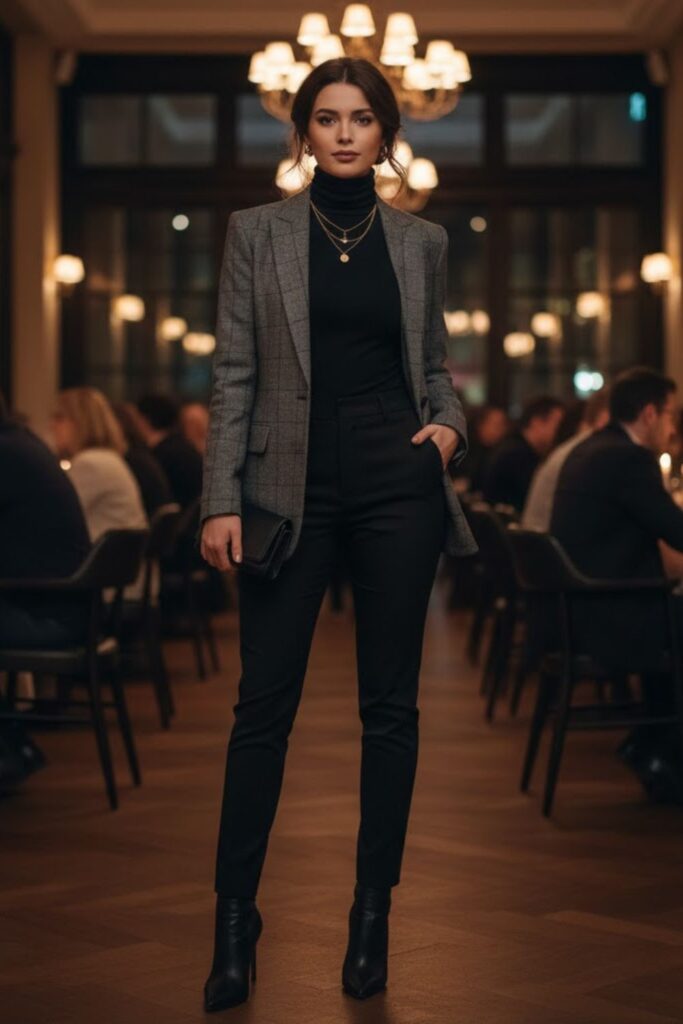 4. Black Jeans with Blazer and Turtleneck