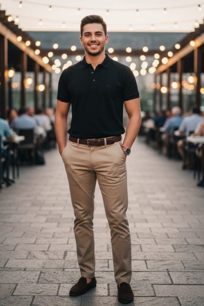 4. Black Shirt with Beige Chinos